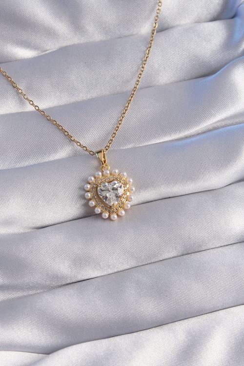 YRTCL 316L Çelik Zincir Gold Renk İncili Zirkon Taşlı Kalp Tasarımlı Kolye