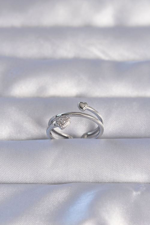 YRTCL Pirinç Gümüş Renk Zirkon Taşlı Kalpli Model Ayarlanabilir Yüzük