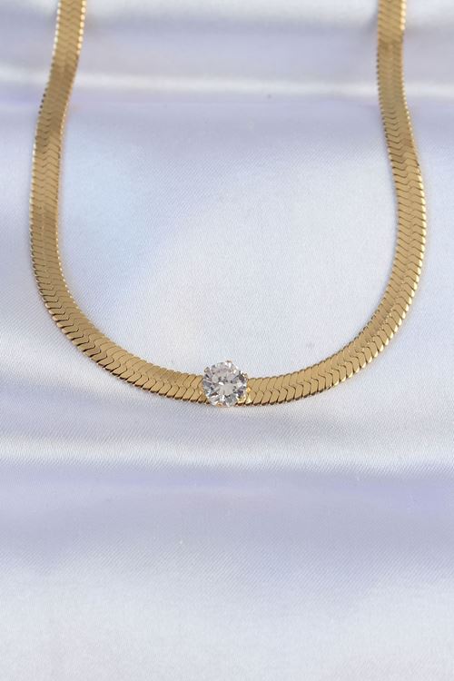 YRTCL 316L Çelik Gold Renk Tek Zirkon Taşlı İtalyan Zincir Kolye