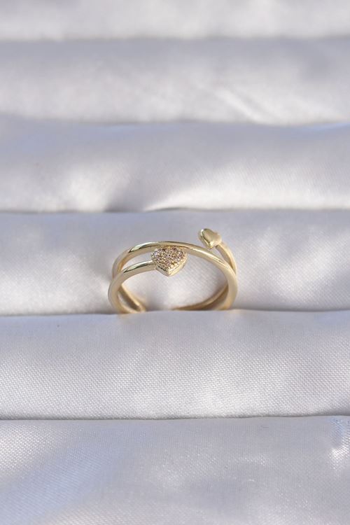 YRTCL Pirinç Gold Renk Zirkon Taşlı Kalpli Model Ayarlanabilir Yüzük