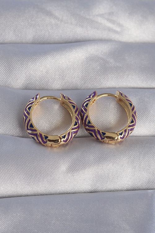 YRTCL Pirinç Gold Renk Mor Etnik Desenli Halka Küpe