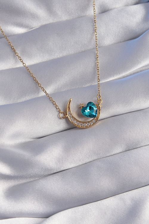 YRTCL 316L Çelik Zincir Gold Renk Mavi Zirkon Taşlı Ay Tasarımlı Kolye