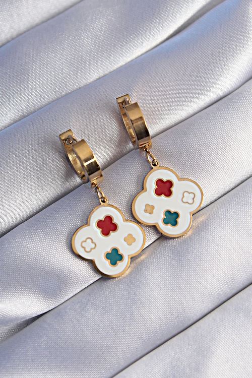 YRTCL 316L Çelik Gold Renk Renkli Mineli Yonca Küpe