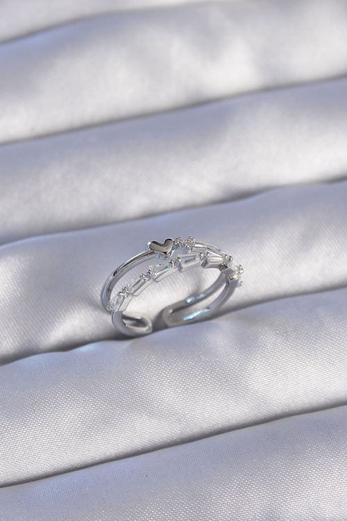 YRTCL Pirinç Gümüş Renk Zirkon Taşlı Kalpli 2li Görünüm Ayarlanabilir Yüzük