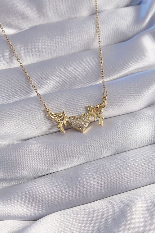 YRTCL 316L Çelik Zincir Gold Renk Zirkon Taşlı Kalp Model Kelebek Detay Kolye