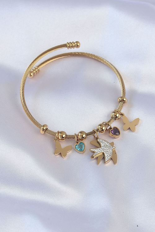 YRTCL 316L Çelik Gold Renk Zirkon Taşlı Minimal Kalp Detay Kelebek Charm Bileklik