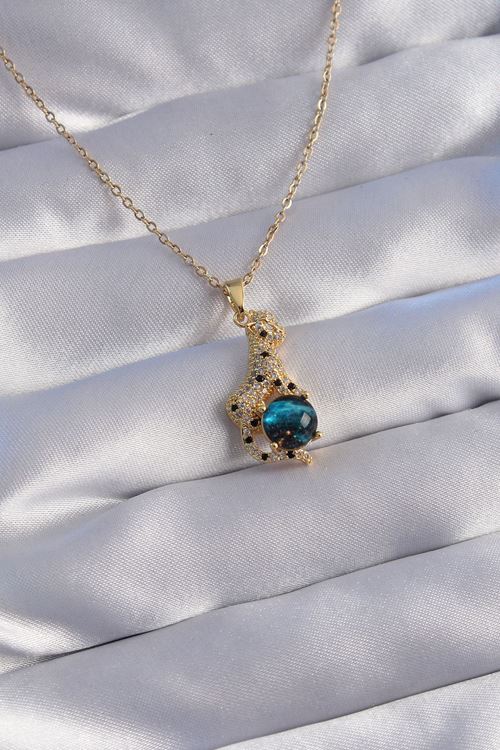 YRTCL 316L Çelik Zincir Gold Renk Zirkon Taşlı Panter Figürlü Gezegen Kolye