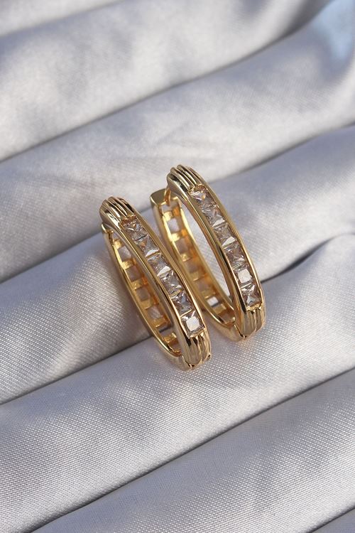 YRTCL Pirinç Gold Renk Zirkon Taşlı Oval Model Küpe