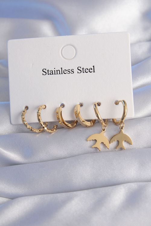 YRTCL 316L Çelik Gold Renk Oval Tasarım Kuş Model Küpe Seti