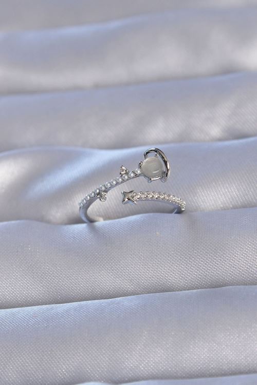 YRTCL Pirinç Gümüş Renk Zirkon Taşlı İncili Satürn Model Ayarlanabilir Yüzük