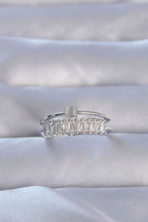 YRTCL Pirinç Gümüş Renk Zirkon Taşlı Baget Su Yolu Model Ayarlanabilir Yüzük