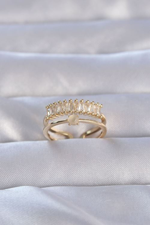 YRTCL Pirinç Gold Renk Zirkon Taşlı Baget Su Yolu Model Ayarlanabilir Yüzük