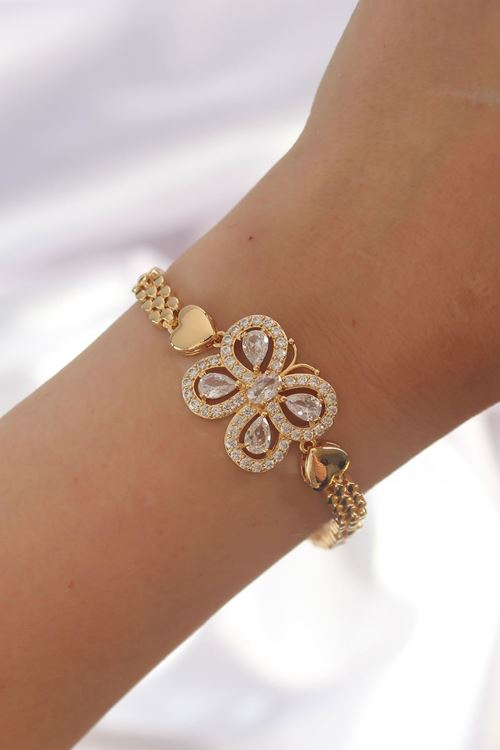 YRTCL Pirinç Gold Renk Zirkon Taşlı Kelebek Figürlü Parçalı Model Bileklik