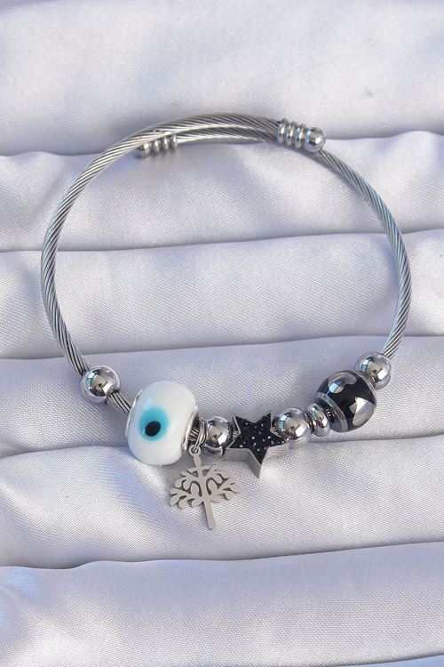 YRTCL 316L Çelik Gümüş Renk Siyah Zirkon Taşlı Yıldız Tasarımlı Ağaç Detay Nazarlı Charm Bileklik