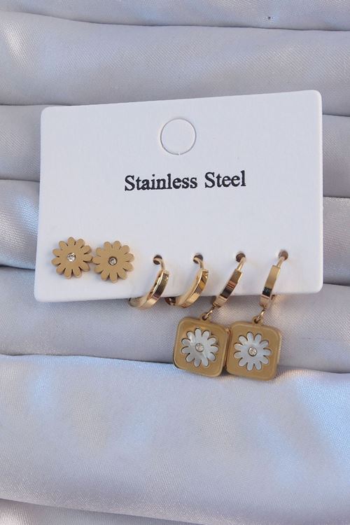 YRTCL 316L Çelik Gold Renk Zirkon Taşlı Sedefli Papatya Model Halka Küpe Seti