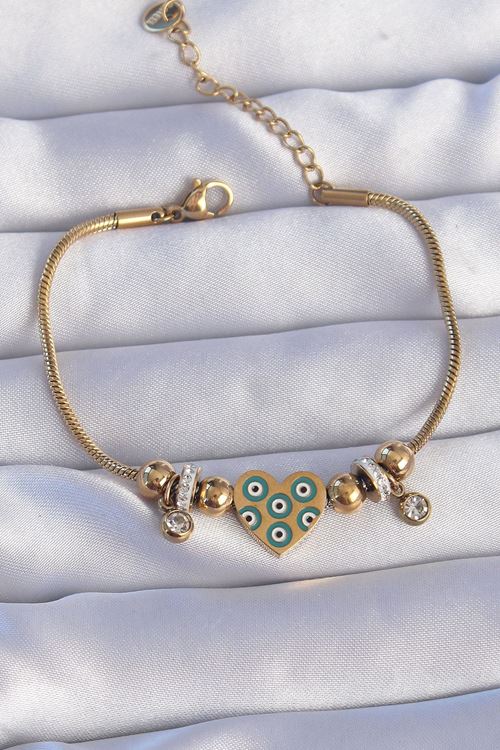 YRTCL 316L Çelik Gold Renk Zirkon Taşlı Nazarlı Kalp Tasarımlı Bileklik