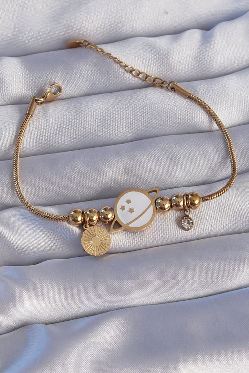 YRTCL 316L Çelik Gold Renk Zirkon Taşlı Mineli Satürn Tasarımlı Bileklik