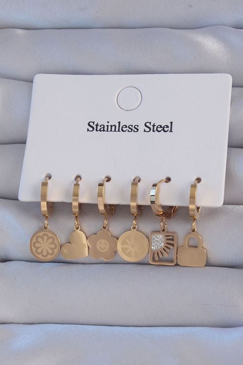 YRTCL 316L Çelik Gold Renk Zirkon Taşlı Çiçek Figürlü Kalp Model Halka Küpe Seti