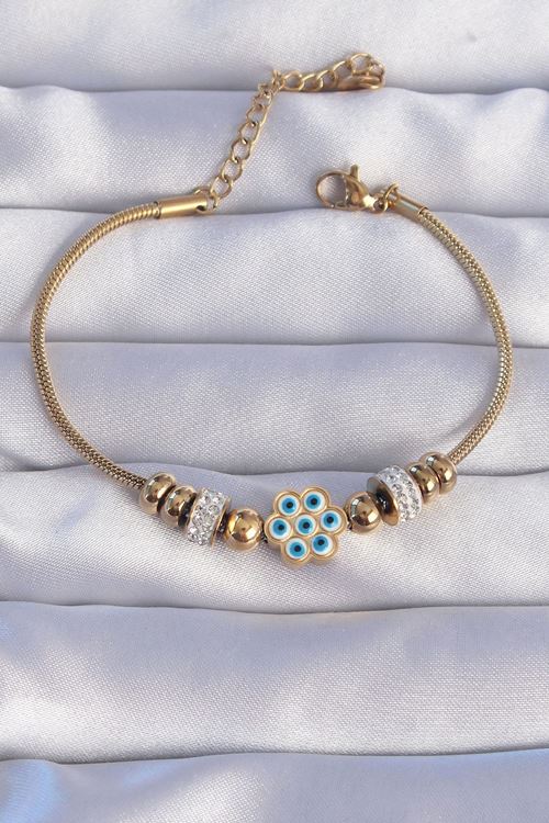 YRTCL 316L Çelik Gold Renk Zirkon Taşlı Nazarlı Çiçek Tasarımlı Bileklik