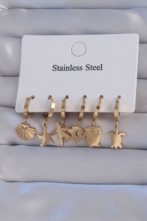 YRTCL 316L Çelik Gold Renk Zirkon Taşlı Hayvan Figürlü Deniz Yıldızı Model Halka Küpe Seti