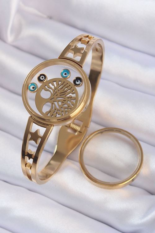 YRTCL 316L Çelik Altın Renk İçi Yaşam Ağacı ve Nazar Boncuk Figürlü Açılabilir Fanus Kelepçe