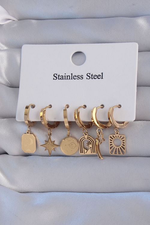 YRTCL 316L Çelik Gold Renk Yıldız Figürlü Tarot Model Halka Küpe Seti