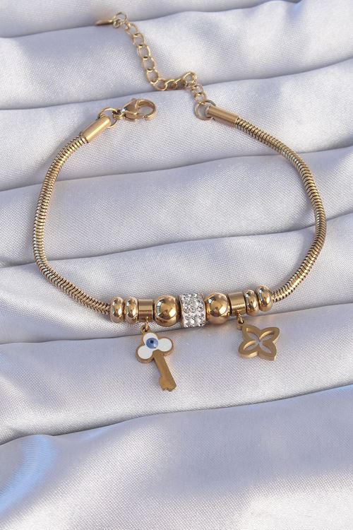 YRTCL 316L Çelik Gold Renk Zirkon Taşlı Yonca Detay Nazarlı Anahtar Tasarımlı Bileklik