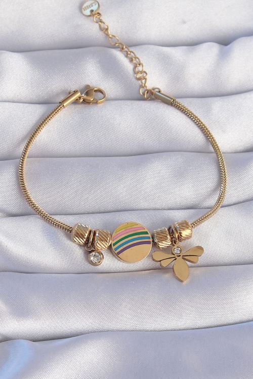 YRTCL 316L Çelik Gold Renk Zirkon Taşlı Gökkuşağı Tasarımlı Yusufçuk Bileklik