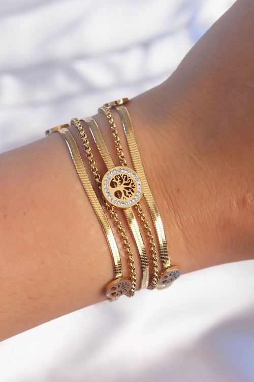 YRTCL 316L Çelik Gold Renk İtalyan Zincir Detaylı Zirkon Taşlı Yaşam Ağacı Tasarımlı Çoklu Bileklik