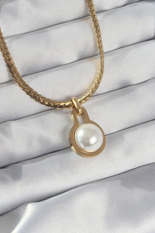 YRTCL 316L Çelik Gold Renk Yassı Zincir İnci Taşlı Kolye