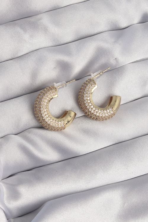 YRTCL Pirinç Gold Renk Zirkon Taşlı Yarım Halka Küpe