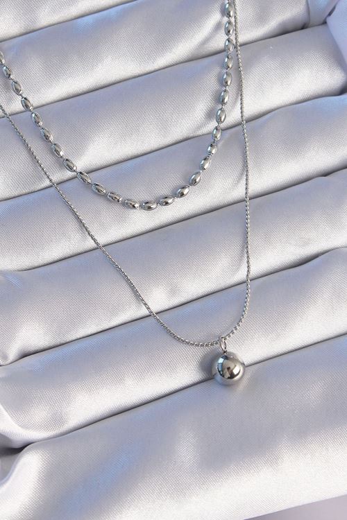 YRTCL 316L Çelik Çift Zincirli Gümüş Renk Topçuk Model Kolye