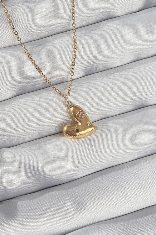 YRTCL 316L Çelik Zincir Gold Renk Renkli Zirkon Taşlı Kalp Kolye