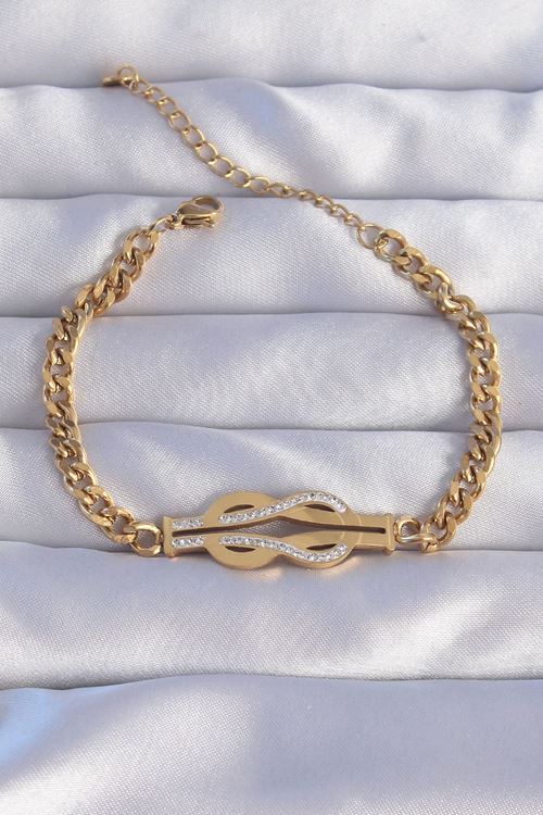 YRTCL 316L Çelik Gold Renk Zirkon Taşlı Kemer Tokası Model Zincir Bileklik