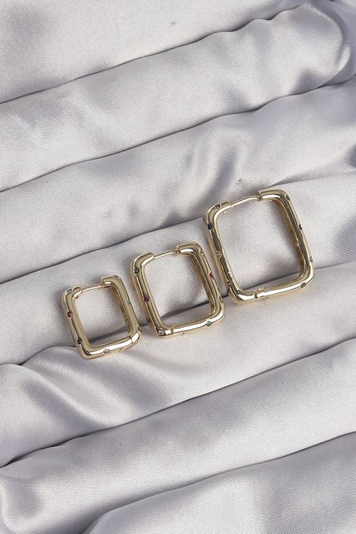 YRTCL Pirinç Gold Renk Renkli Zirkon Taşlı Kare Model Küpe Seti