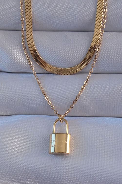 YRTCL 316L Çelik Gold Renk Çift Zincir Kilit Model Kolye