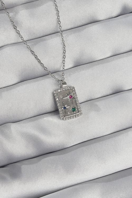 YRTCL 316L Çelik Zincir Gümüş Renk Renkli Zirkon Taşlı Vintage Kolye
