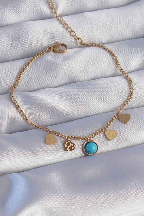 YRTCL 316L Çelik Gold Renk Minimal Kalpli Mavi Taş Detaylı Bileklik