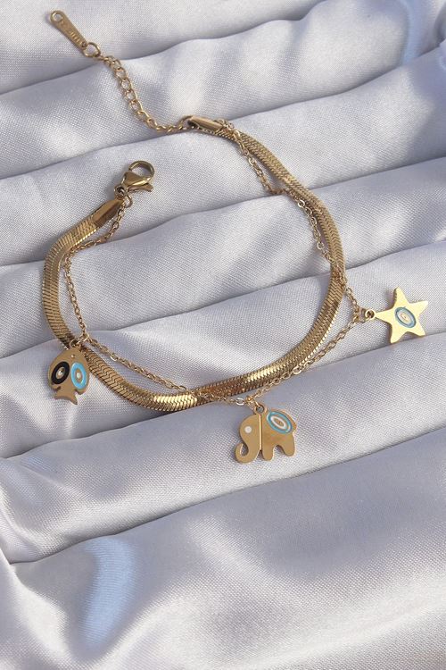 YRTCL 316L Çelik Gold Renk Çift Zincir Çoklu Aksesuarlı Bileklik