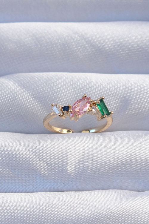 YRTCL Pirinç Gold Renk Renkli Zirkon Taşlı Ayarlanabilir Yüzük