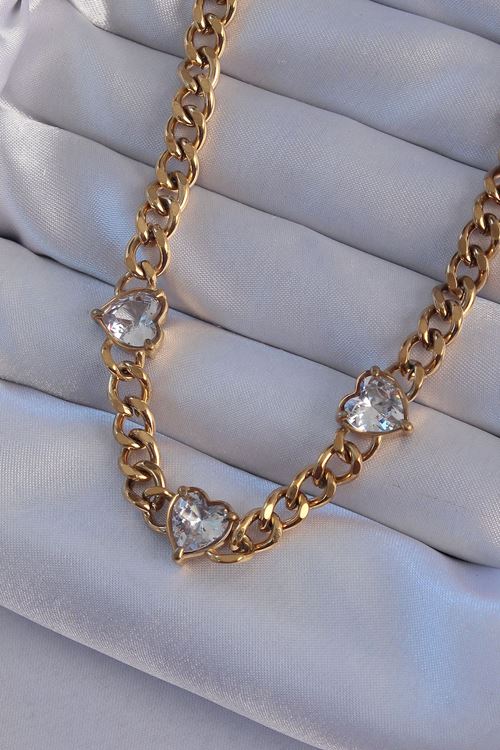 YRTCL 316L Çelik Gold Renk Zirkon Taşlı Kalp Model Zincir Kolye