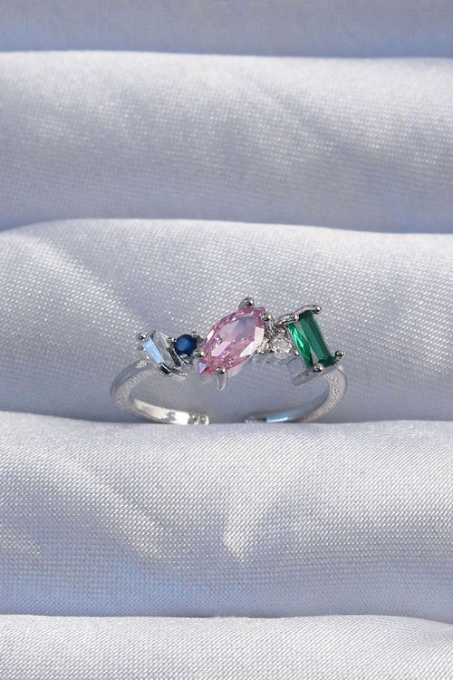 YRTCL Pirinç Gümüş Renk Renkli Zirkon Taşlı Ayarlanabilir Yüzük