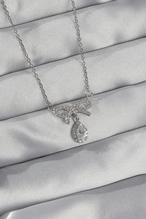 YRTCL 316L Çelik Gümüş Renk Zirkon Taşlı Fiyonk Detay Damla Kolye