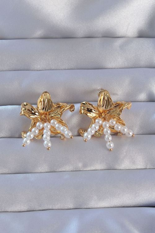 YRTCL 316L Çelik Gold Renk İnci Aksesuarlı Çiçek Model Küpe