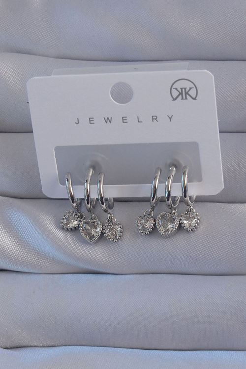 YRTCL Pirinç Gümüş Renk Zirkon Taşlı Kalp Model Çoklu Görünüm Yarım Halka Küpe