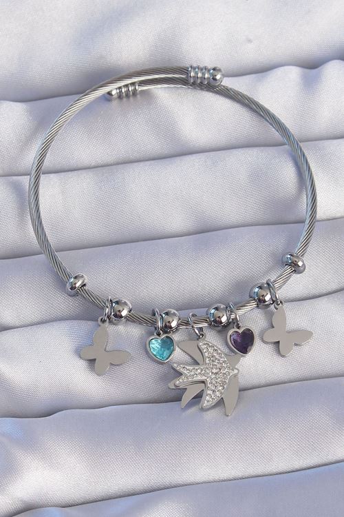 YRTCL 316L Çelik Gümüş Renk Zirkon Taşlı Kuş Tasarımlı Kelebek Detay Charm Bileklik