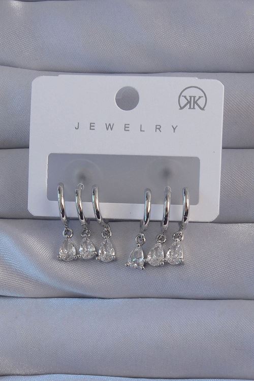 YRTCL Pirinç Gümüş Renk Zirkon Taşlı Damla Model Çoklu Görünüm Yarım Halka Küpe