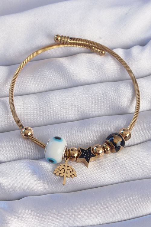 YRTCL 316L Çelik Gold Renk Siyah Zirkon Taşlı Yıldız Tasarımlı Ağaç Detay Nazarlı Charm Bileklik