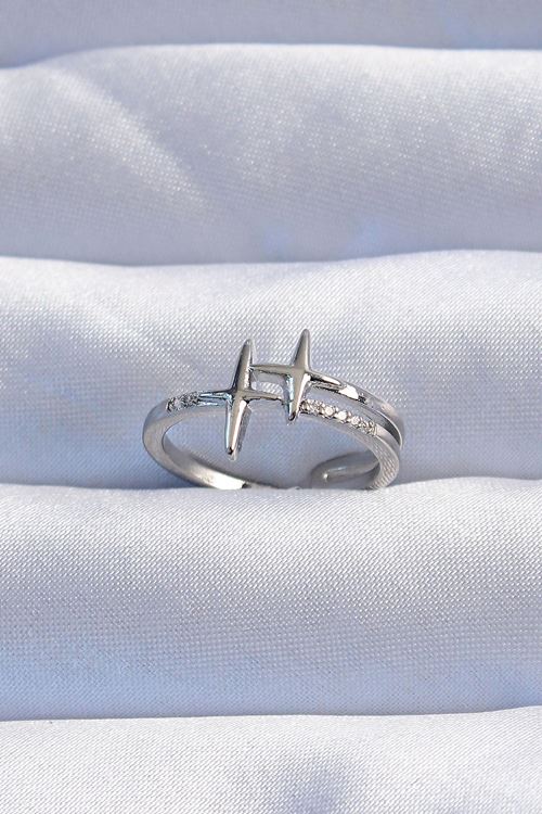 YRTCL Pirinç Gümüş Renk Zirkon Taşlı 2li Görünüm Ayarlanabilir Yıldız Model Yüzük