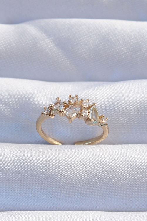 YRTCL Pirinç Gold Renk Zirkon Taşlı Damla Detay Ayarlanabilir Yüzük